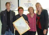 Wendy receiving fourth place in Australian of the Year awards, with son Tim, daughter Katy (far right) and partner Beatrice.