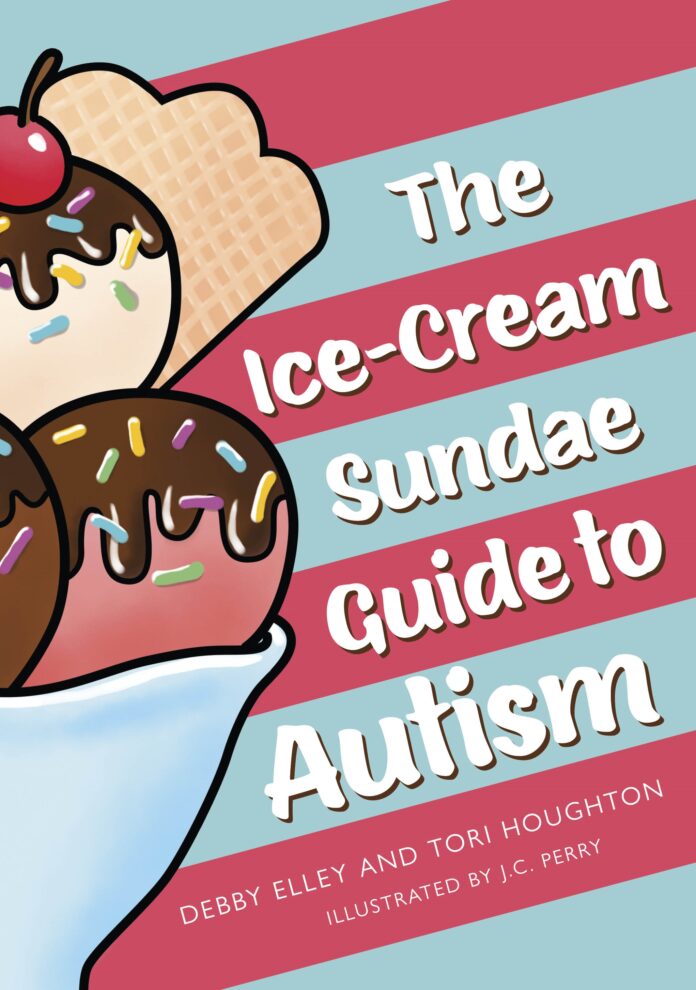 The cover of 'The Ice-Cream Sundae Guide to Autism', with a large sundae on the left and a blue-and-pink striped background
