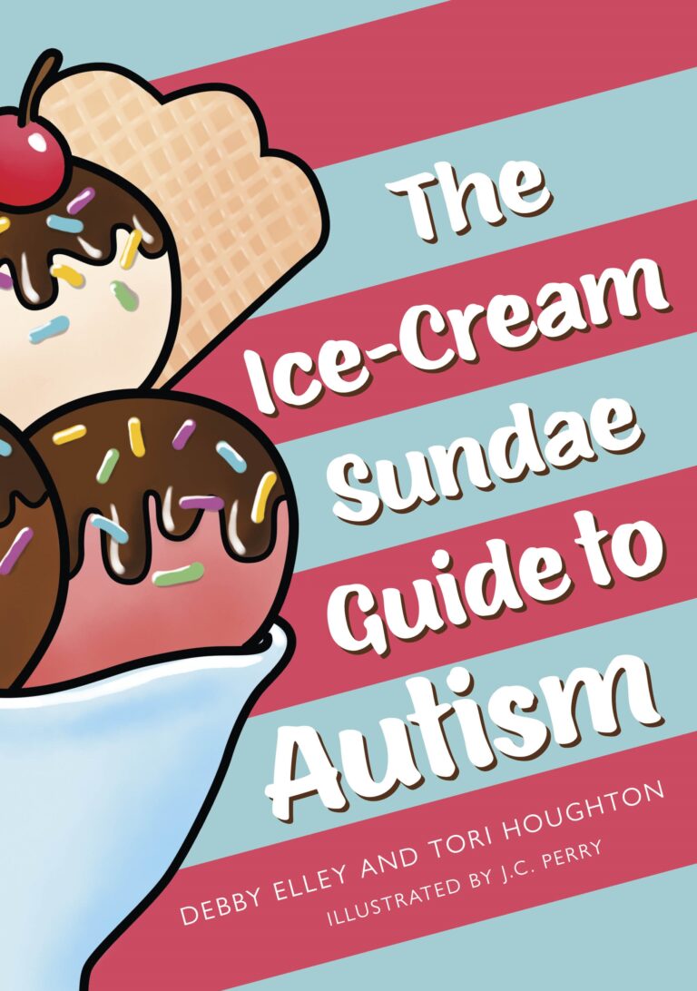 The cover of 'The Ice-Cream Sundae Guide to Autism', with a large sundae on the left and a blue-and-pink striped background