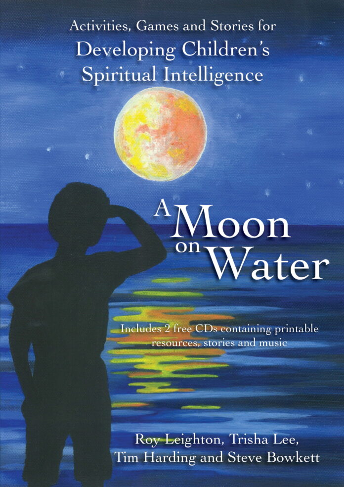 The cover of the book, with a moon reflected in some water and a child looking at the moon