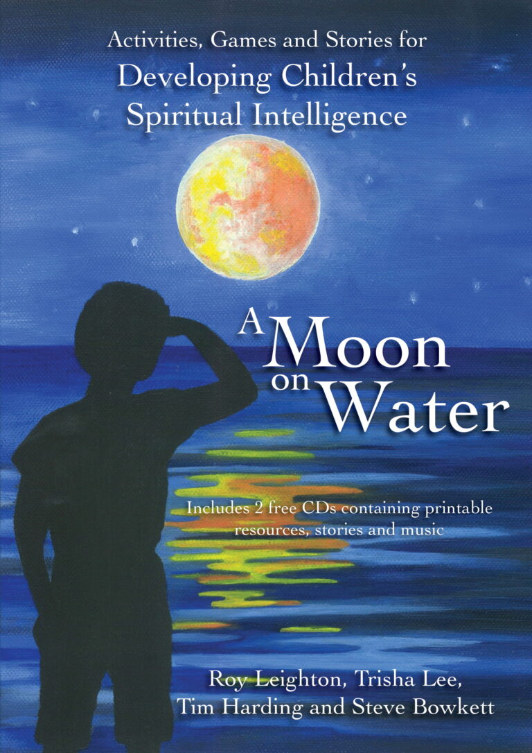 The cover of the book, with a moon reflected in some water and a child looking at the moon