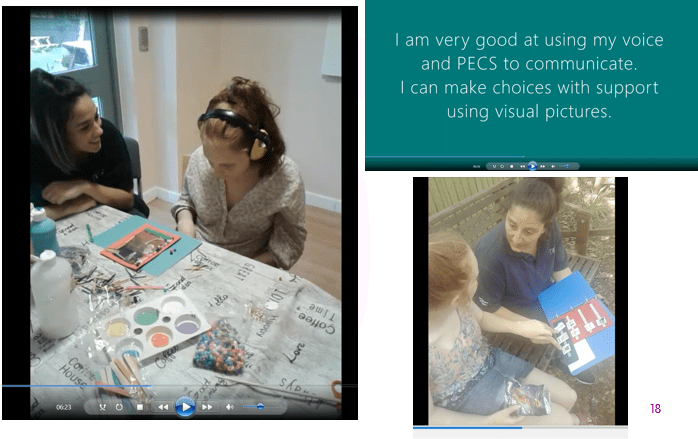 Pictures from a digital story; featuring text 'I am very good at using my voice and PECS to communicate. I can make choices with support using visual pictures.' and pictures of E doing those activities.