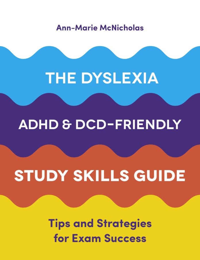 the cover of 'the dyslexia, ADHD & DCD-friendly study skills guide', featuring stacked coloured waves in yellow, red, dark blue and light blue.