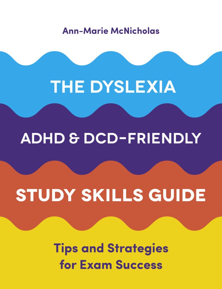 the cover of 'the dyslexia, ADHD & DCD-friendly study skills guide', featuring stacked coloured waves in yellow, red, dark blue and light blue.