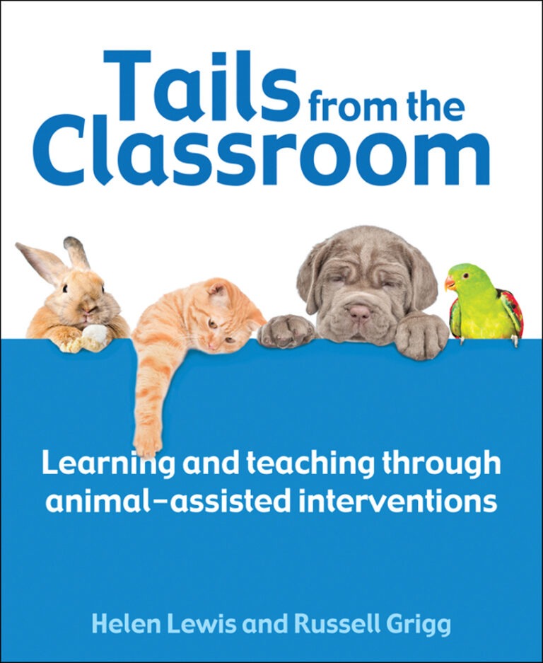 The cover of 'tails from the classroom', with a blue and white background and a bunny, cat, dog and parrot on it.