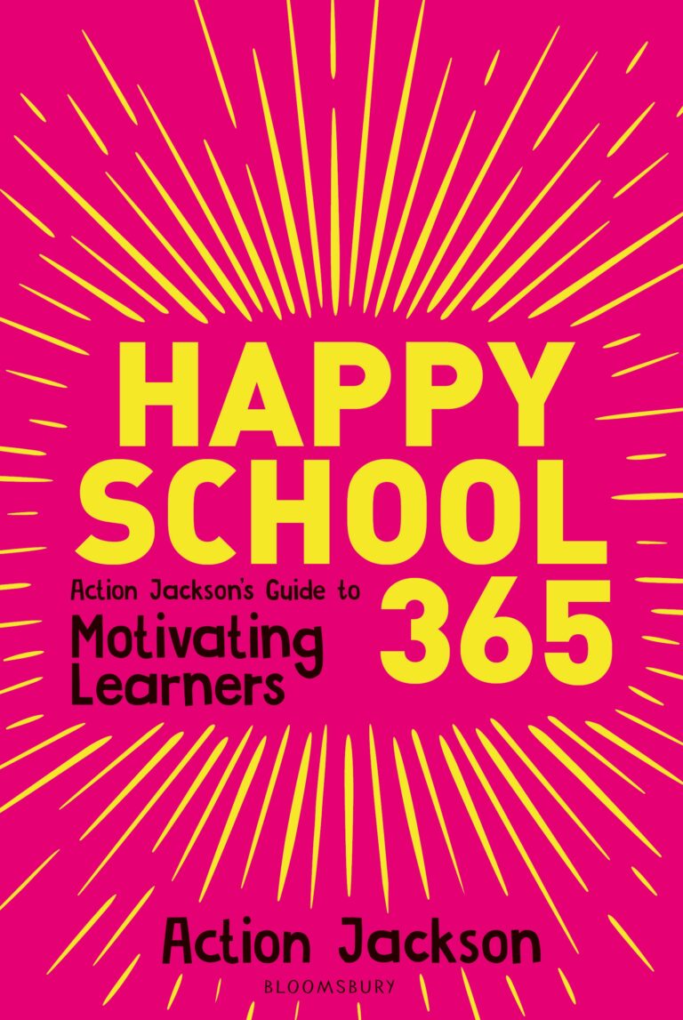 The cover of 'happy school 365'. It is pink with yellow lettering and yellow lines going out from the title in the middle.