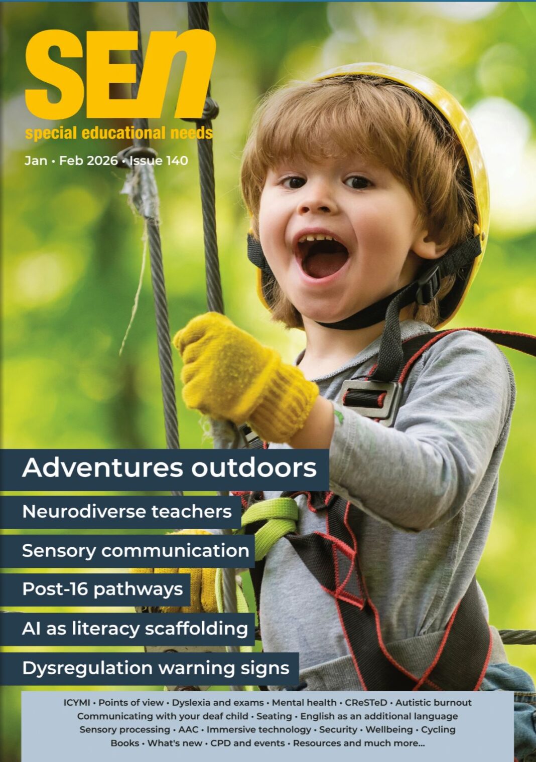 SEN Magazine issue 140 cover image showing a boy on a zip wire